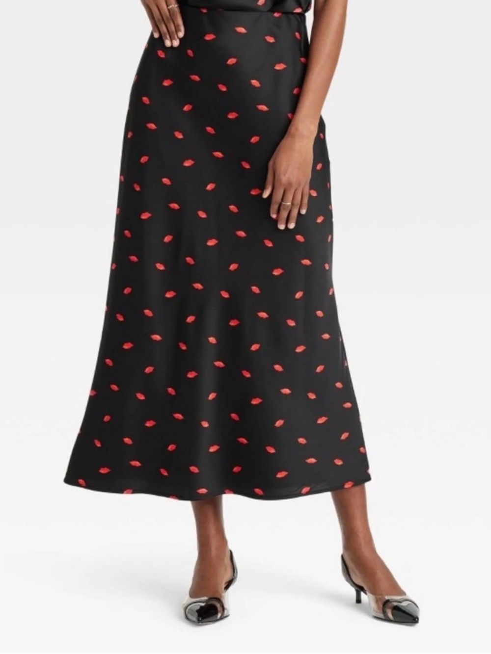 NWT a new day Black Midi Skirt with Red Lip Motif